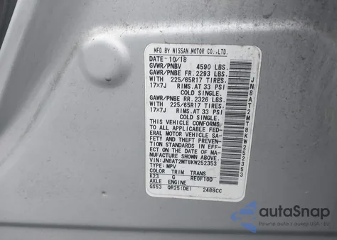 2019 Nissan Rogue Sv z USA, uszkodzony, nr VIN JN8AT2MT8KW252353